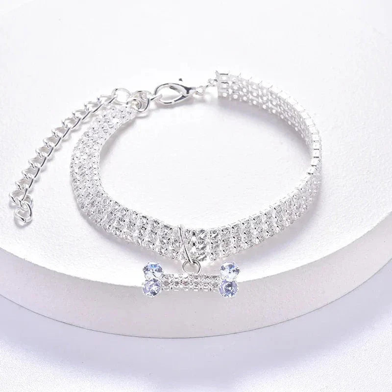 Luxury Adjustable Pet Collar with Zircon Bone Pendant in Silver, Gold, and Rose Gold colours