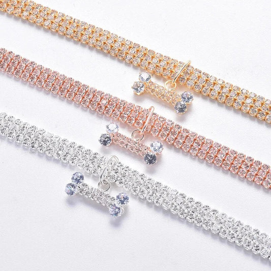 Luxury Adjustable Pet Collar with Zircon Bone Pendant in Silver, Gold, and Rose Gold colours