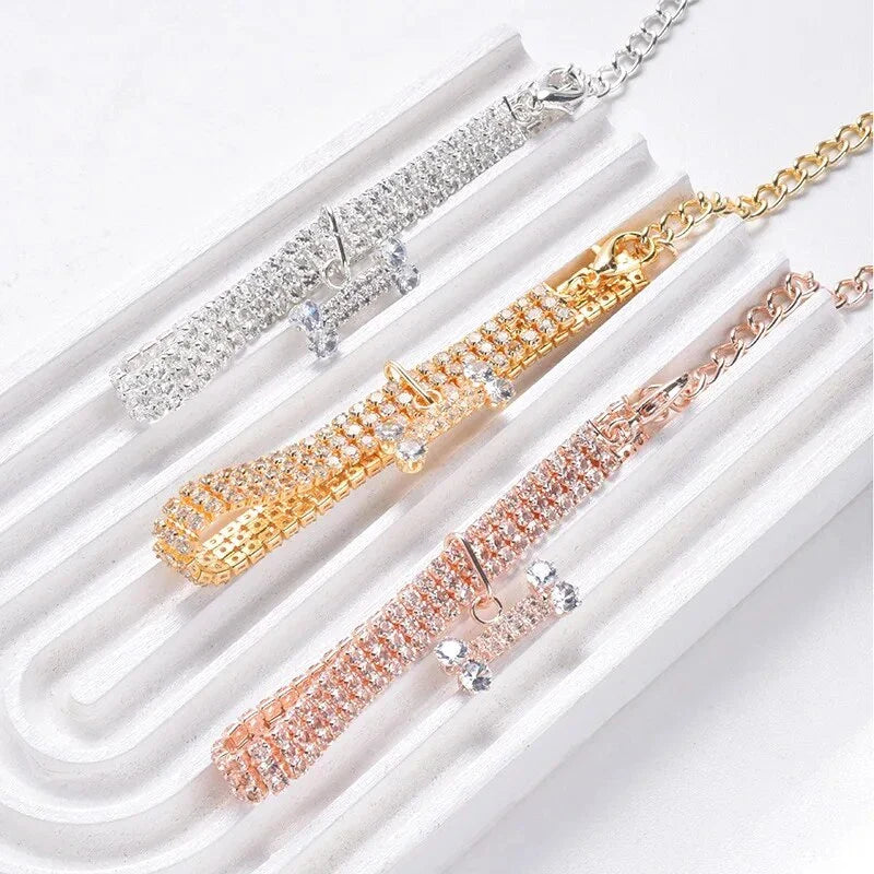 Luxury Adjustable Pet Collar with Zircon Bone Pendant in Silver, Gold, and Rose Gold colours