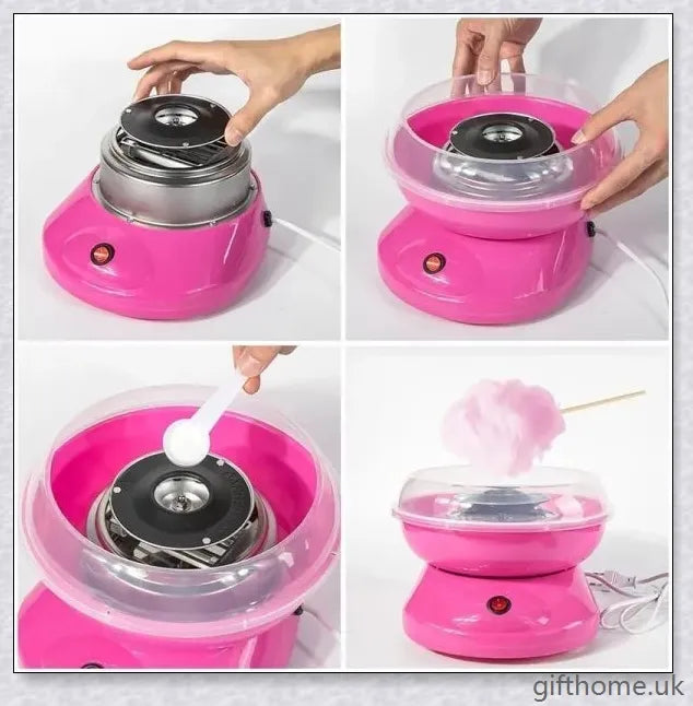 A red cotton candy maker machine on a counter, creating fluffy, cloud-like cotton candy.