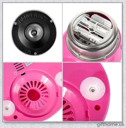 A red cotton candy maker machine on a counter, creating fluffy, cloud-like cotton candy.