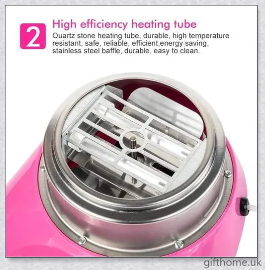 A red cotton candy maker machine on a counter, creating fluffy, cloud-like cotton candy.