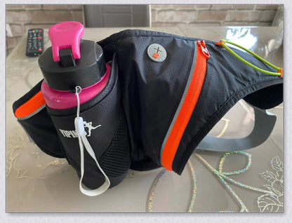 Running Water Bottle Waist Pack with adjustable strap, water bottle holder, and reflective safety features