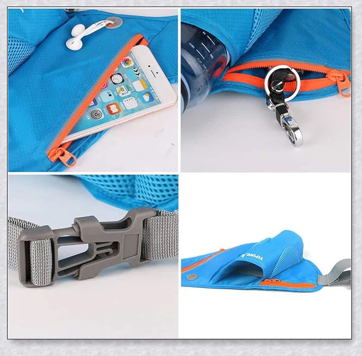 Running Water Bottle Waist Pack with adjustable strap, water bottle holder, and reflective safety features