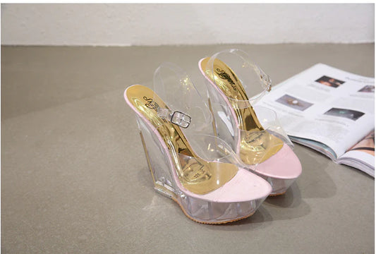Platform sandals and slippers with super high heels in blue, pink, and apricot colors