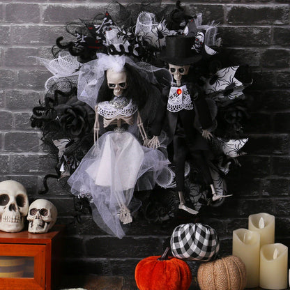 Spooky Halloween decoration featuring a mesh garland with a bride and groom skull design