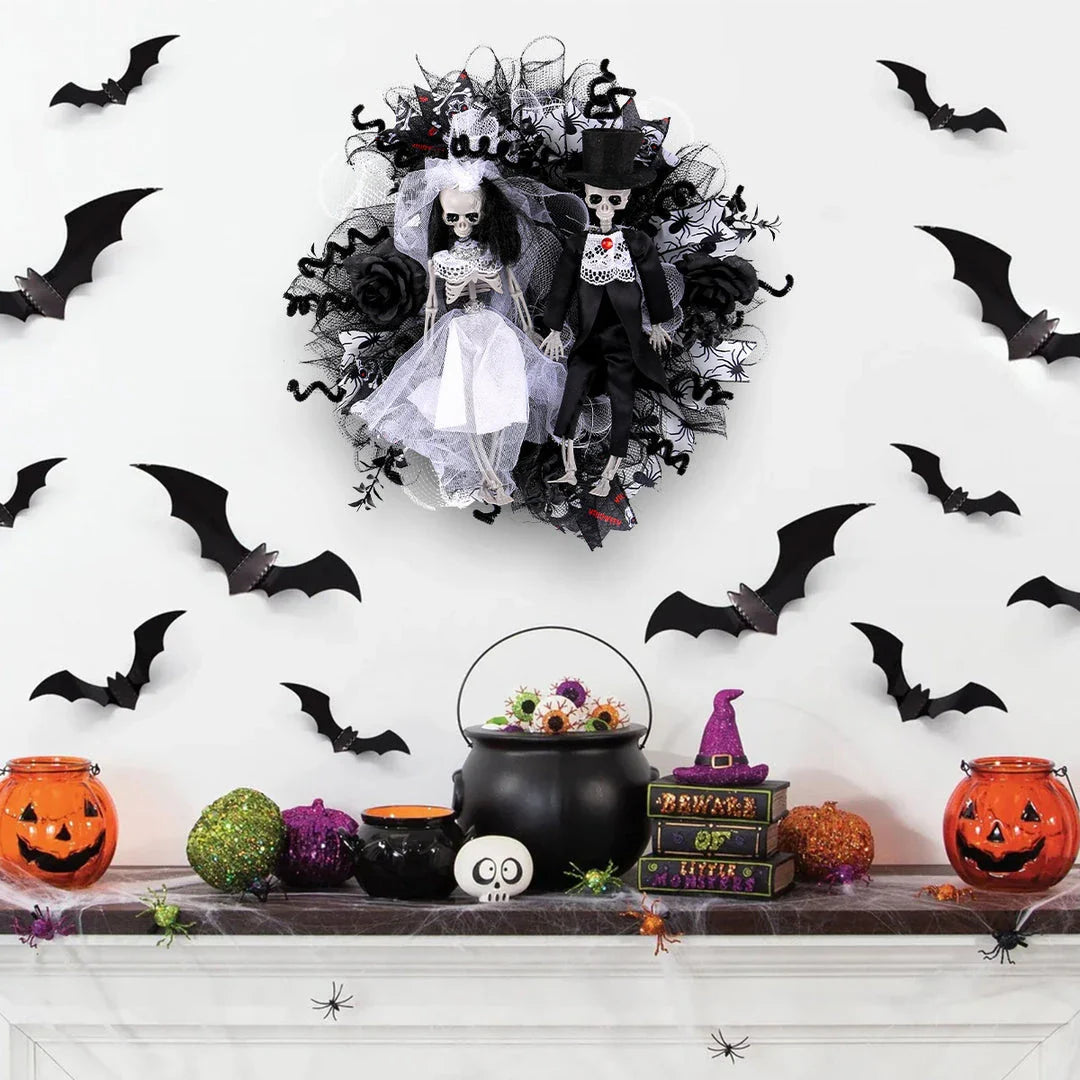 Spooky Halloween decoration featuring a mesh garland with a bride and groom skull design