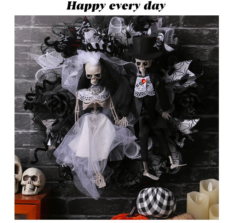 Spooky Halloween decoration featuring a mesh garland with a bride and groom skull design