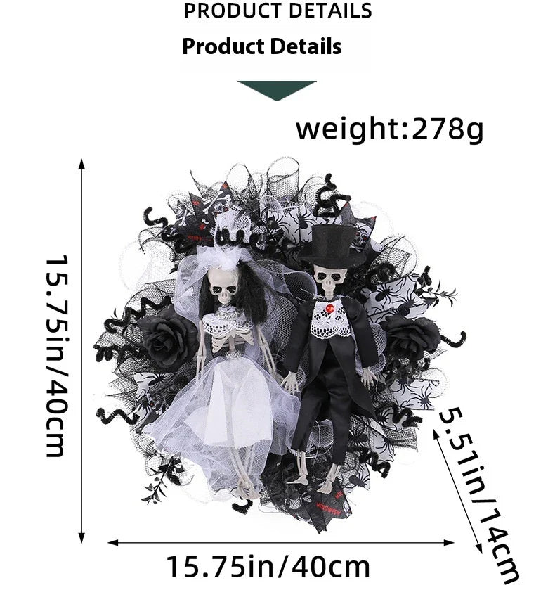 Spooky Halloween decoration featuring a mesh garland with a bride and groom skull design