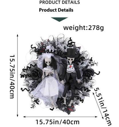Spooky Halloween decoration featuring a mesh garland with a bride and groom skull design