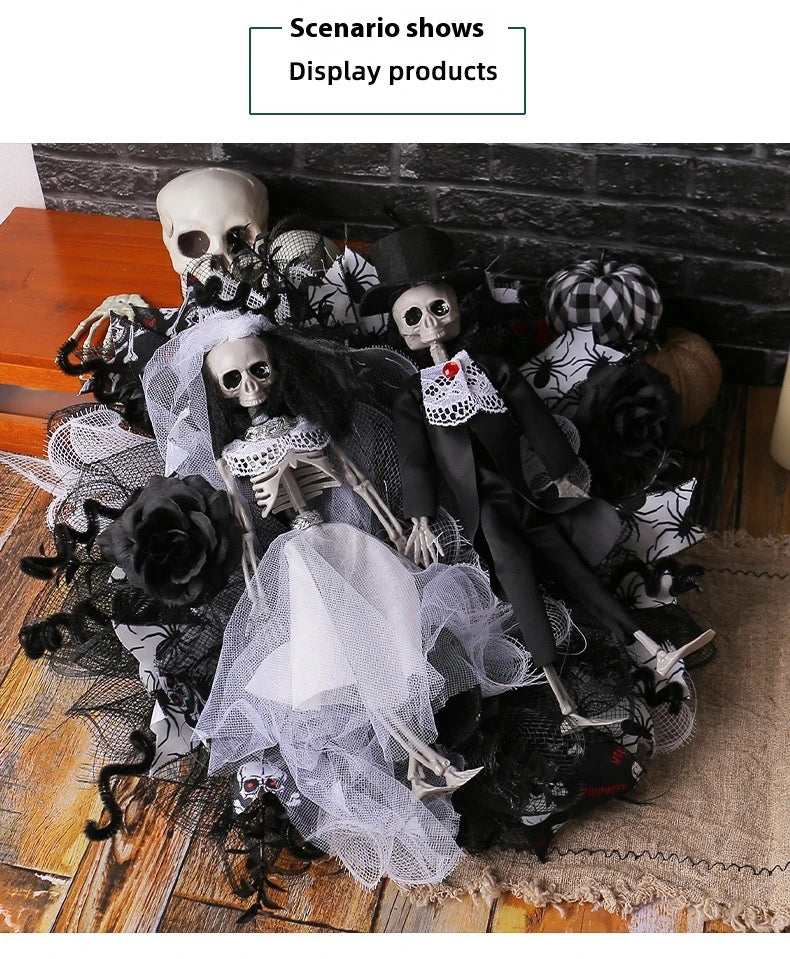 Spooky Halloween decoration featuring a mesh garland with a bride and groom skull design