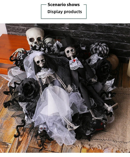 Spooky Halloween decoration featuring a mesh garland with a bride and groom skull design