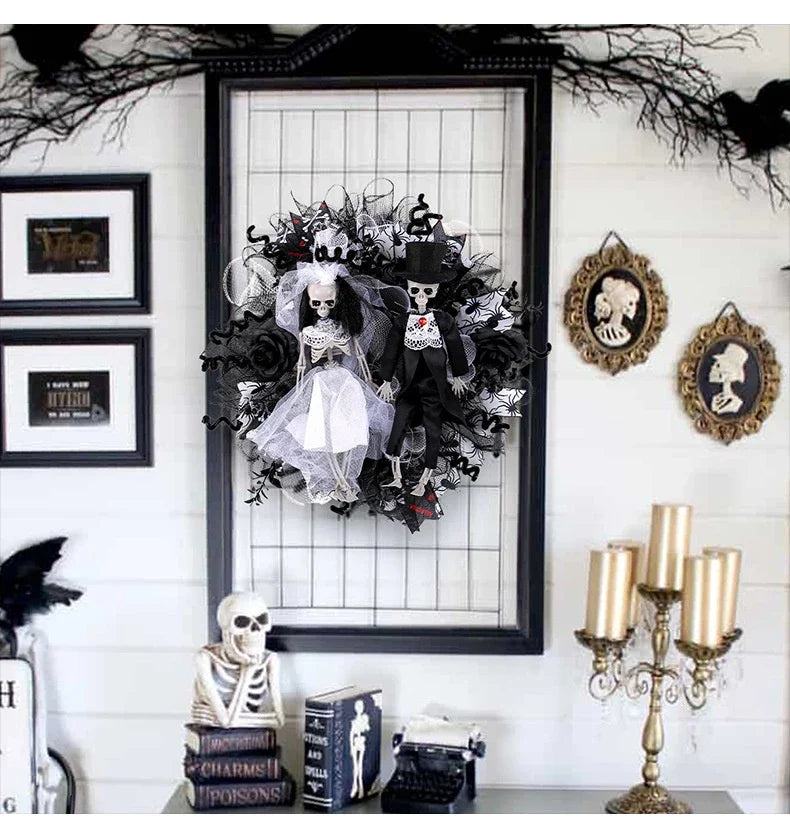 Spooky Halloween decoration featuring a mesh garland with a bride and groom skull design