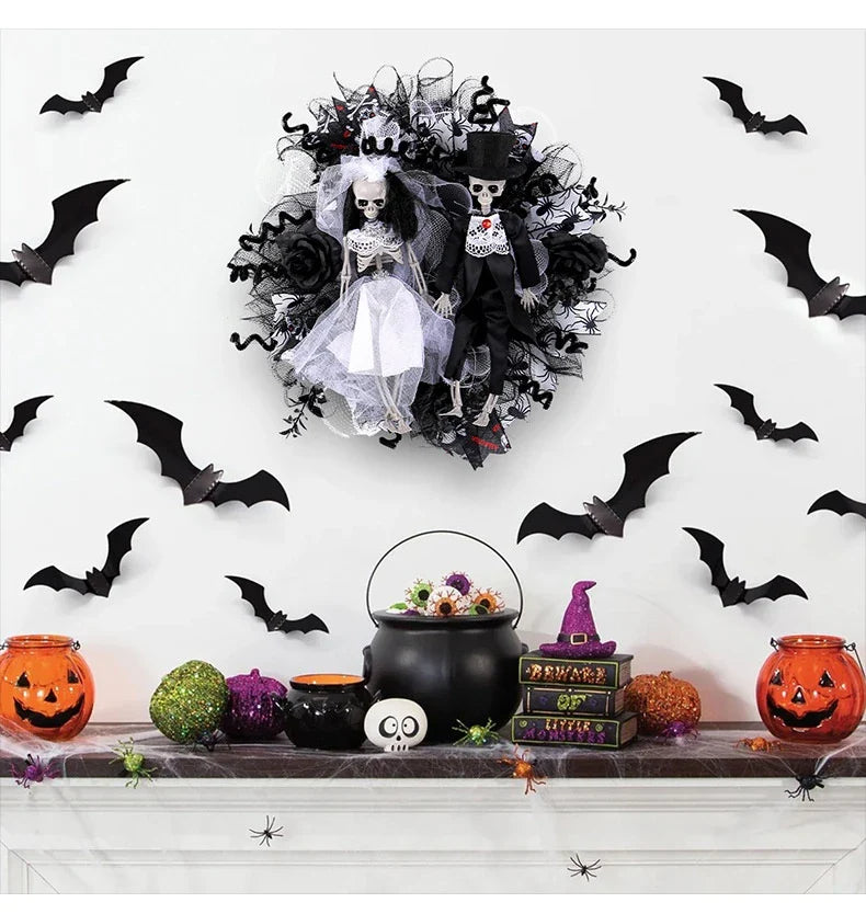 Spooky Halloween decoration featuring a mesh garland with a bride and groom skull design