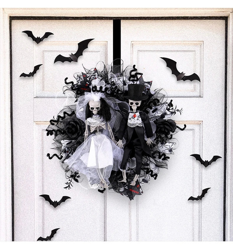 Spooky Halloween decoration featuring a mesh garland with a bride and groom skull design