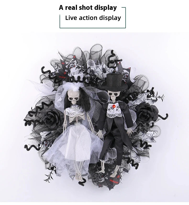 Spooky Halloween decoration featuring a mesh garland with a bride and groom skull design