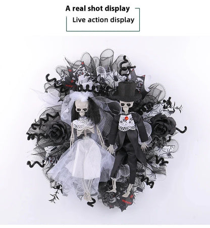 Spooky Halloween decoration featuring a mesh garland with a bride and groom skull design