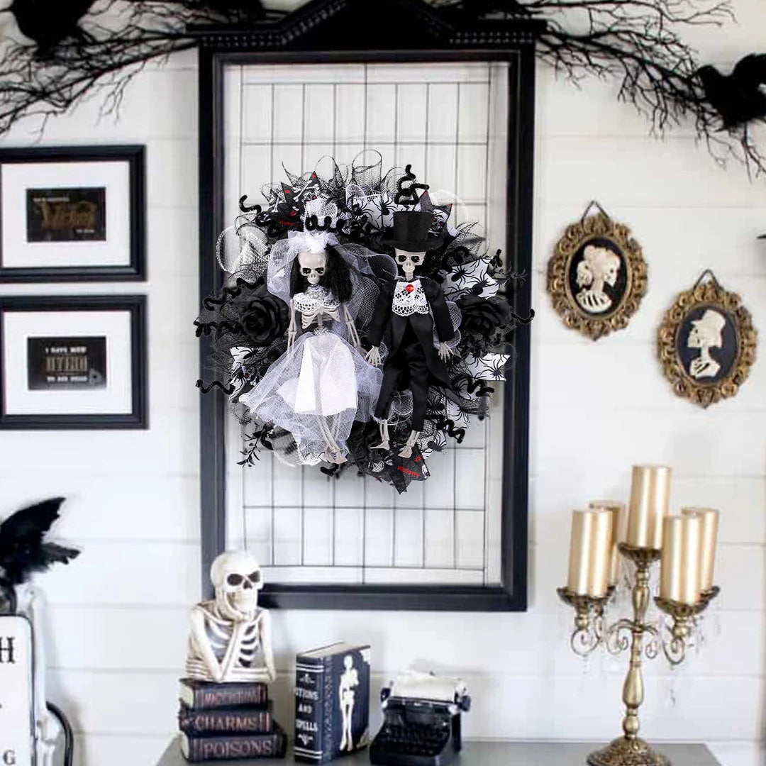 Spooky Halloween decoration featuring a mesh garland with a bride and groom skull design