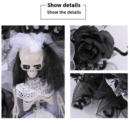 Spooky Halloween decoration featuring a mesh garland with a bride and groom skull design