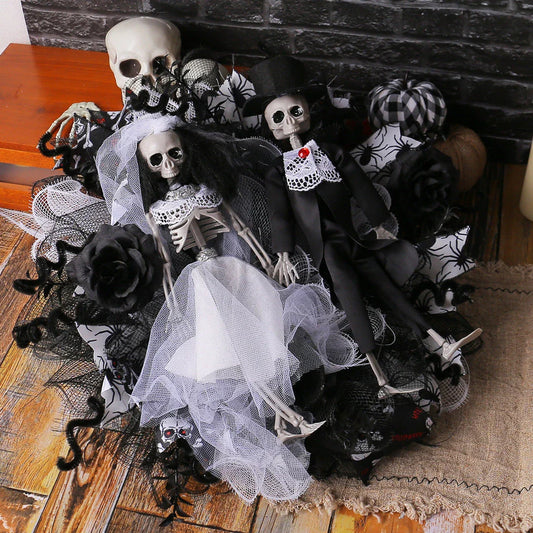 Spooky Halloween decoration featuring a mesh garland with a bride and groom skull design