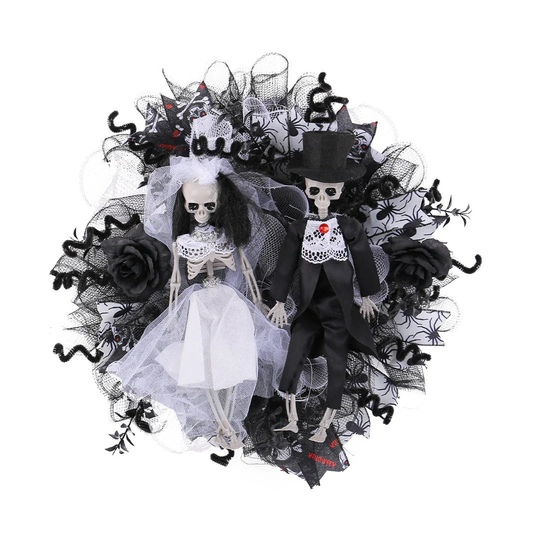 Spooky Halloween decoration featuring a mesh garland with a bride and groom skull design