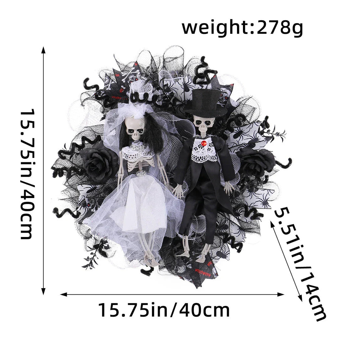 Spooky Halloween decoration featuring a mesh garland with a bride and groom skull design