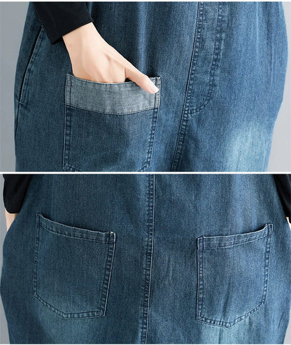 Casual Literary Women's Plus Size Denim Overalls in a dark wash, featuring a high-waist design and subtle distressing