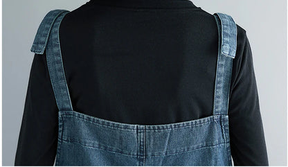 Casual Literary Women's Plus Size Denim Overalls in a dark wash, featuring a high-waist design and subtle distressing