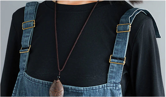 Casual Literary Women's Plus Size Denim Overalls in a dark wash, featuring a high-waist design and subtle distressing