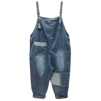 Casual Literary Women's Plus Size Denim Overalls in a dark wash, featuring a high-waist design and subtle distressing
