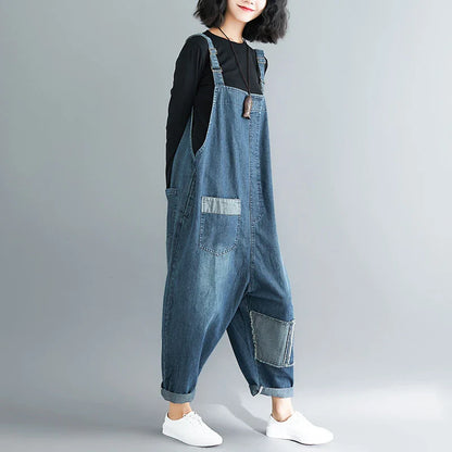 Casual Literary Women's Plus Size Denim Overalls in a dark wash, featuring a high-waist design and subtle distressing