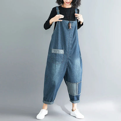 Casual Literary Women's Plus Size Denim Overalls in a dark wash, featuring a high-waist design and subtle distressing