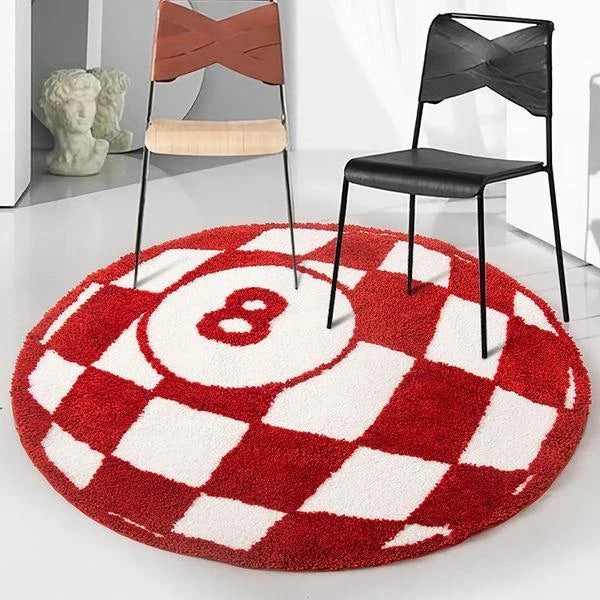 Billiards 8 Ball Tufted Area Rug with a striking black 8 ball design surrounded by a bold red circle