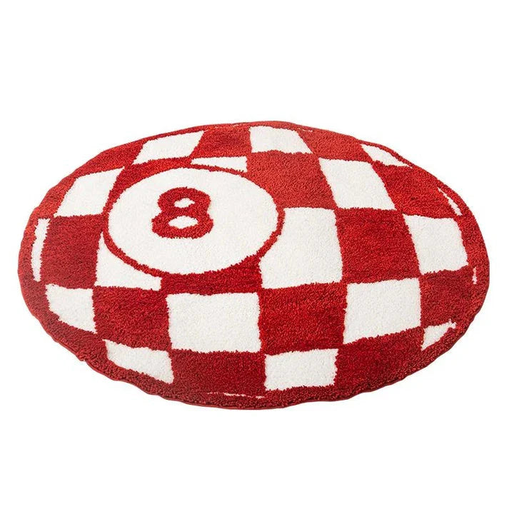 Billiards 8 Ball Tufted Area Rug with a striking black 8 ball design surrounded by a bold red circle