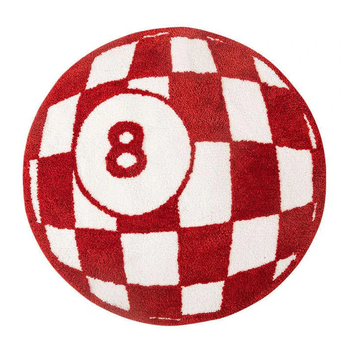 Billiards 8 Ball Tufted Area Rug with a striking black 8 ball design surrounded by a bold red circle
