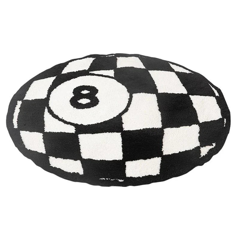 Billiards 8 Ball Tufted Area Rug with a striking black 8 ball design surrounded by a bold red circle
