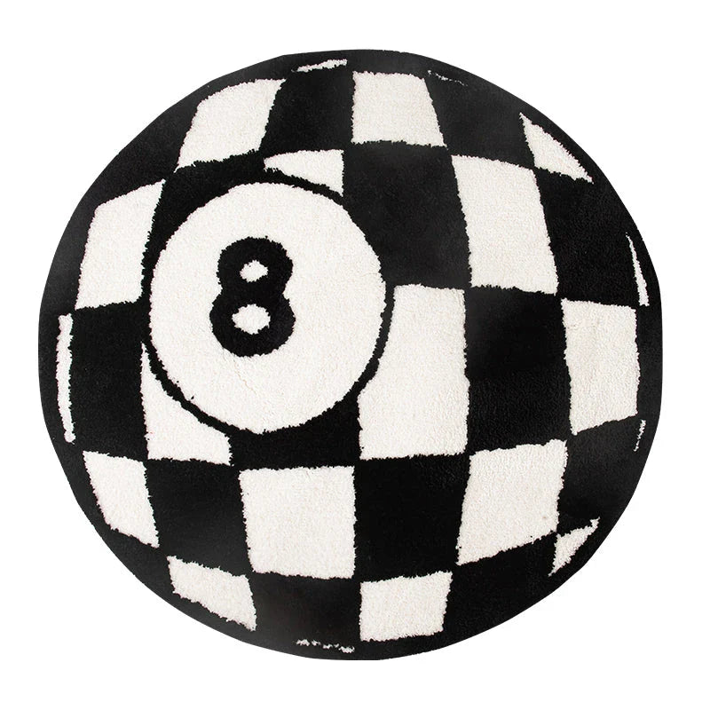 Billiards 8 Ball Tufted Area Rug with a striking black 8 ball design surrounded by a bold red circle