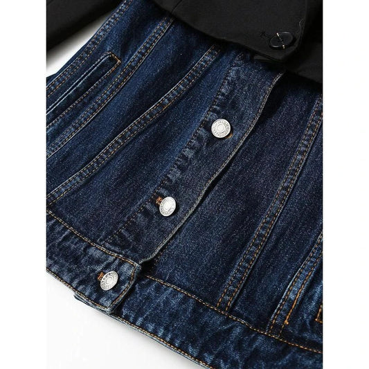 A stylish autumn patchwork denim blazer for women, featuring a contemporary design and flattering fit.