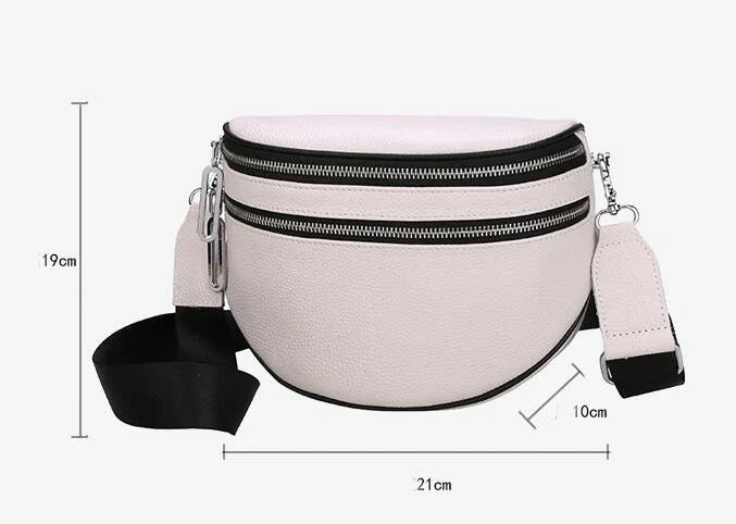 A stylish women's leather diagonal saddle bag in various colours, featuring a trendy and sophisticated design perfect for everyday use.