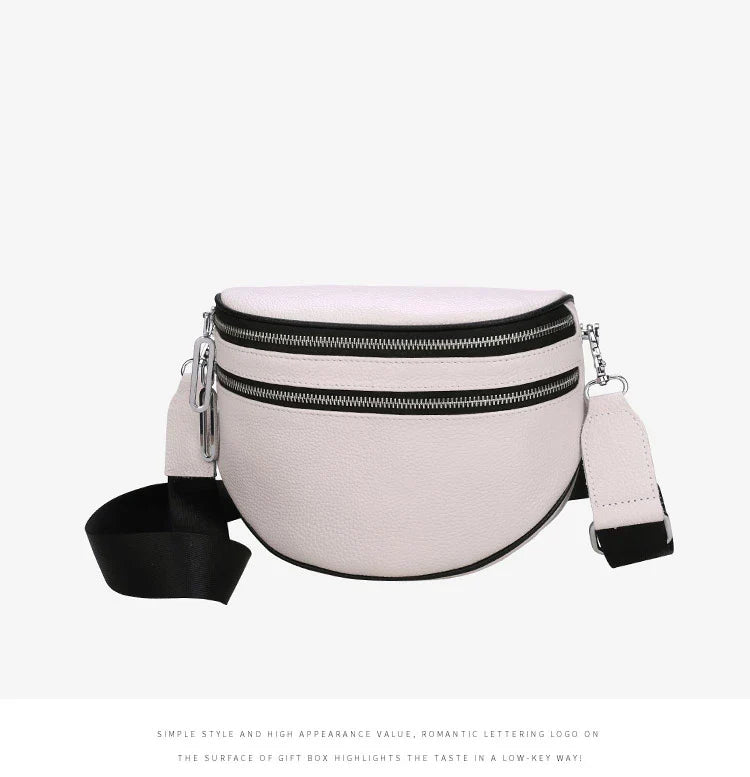 A stylish women's leather diagonal saddle bag in various colours, featuring a trendy and sophisticated design perfect for everyday use.
