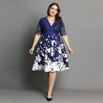 Large size digital printing lace stitching dress in blue with swing skirt design and four-way stretch fabric