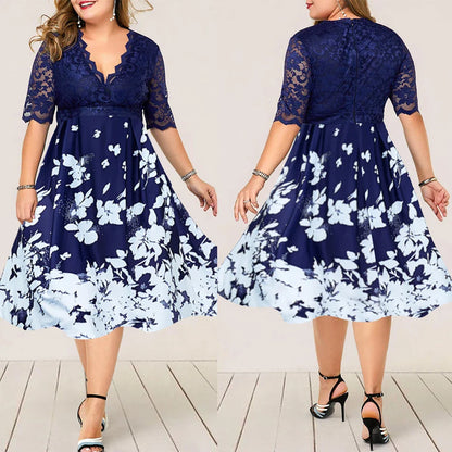 Large size digital printing lace stitching dress in blue with swing skirt design and four-way stretch fabric