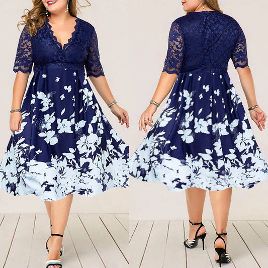 Large size digital printing lace stitching dress in blue with swing skirt design and four-way stretch fabric