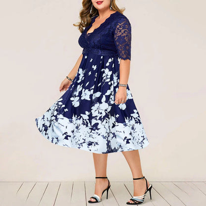 Large size digital printing lace stitching dress in blue with swing skirt design and four-way stretch fabric