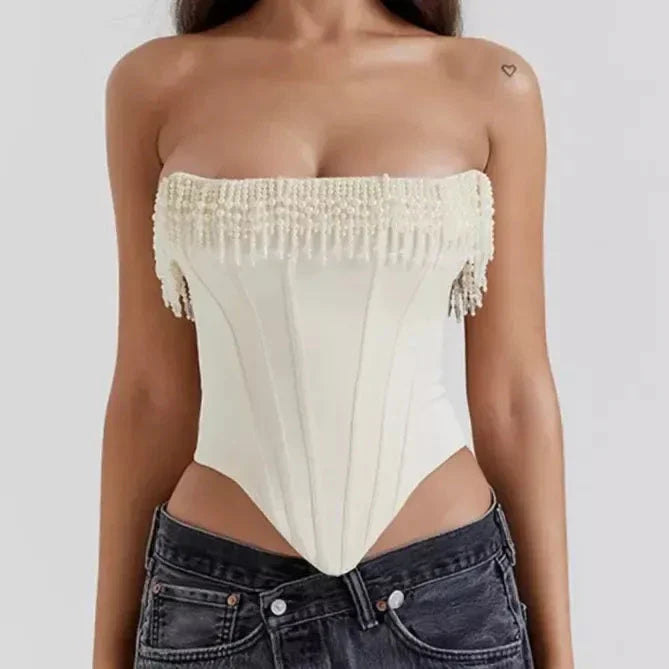 Chic strapless corset top with beaded and tassel details, made from high-quality synthetic fibres for a flattering and comfortable fit.