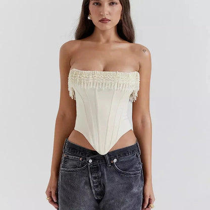 Chic strapless corset top with beaded and tassel details, made from high-quality synthetic fibres for a flattering and comfortable fit.