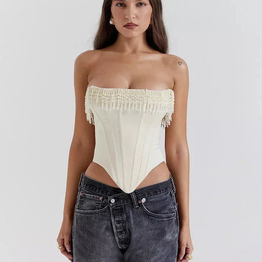 Chic strapless corset top with beaded and tassel details, made from high-quality synthetic fibres for a flattering and comfortable fit.