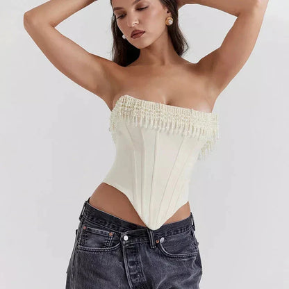 Chic strapless corset top with beaded and tassel details, made from high-quality synthetic fibres for a flattering and comfortable fit.