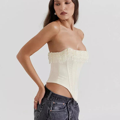 Chic strapless corset top with beaded and tassel details, made from high-quality synthetic fibres for a flattering and comfortable fit.