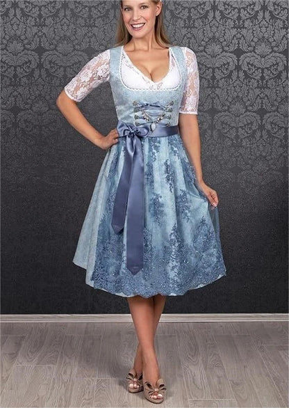 2024 Blue Jacquard Bavarian Women's German Beer Suit Three-Piece Set in Sapphire Blue with Lace-up Details